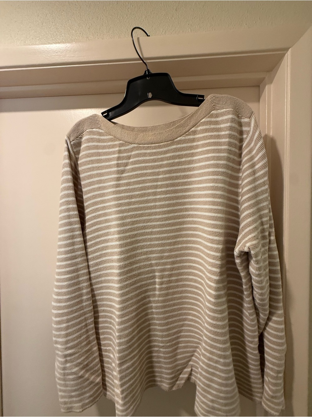 Lulu-B Women’s  Striped Beige and White Crewneck Sweater
